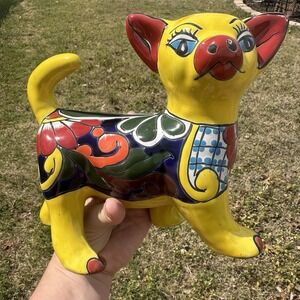 Talavera Chihuahua Dog Folk Art Standing Home Decor Mexican Pottery Yellow Red